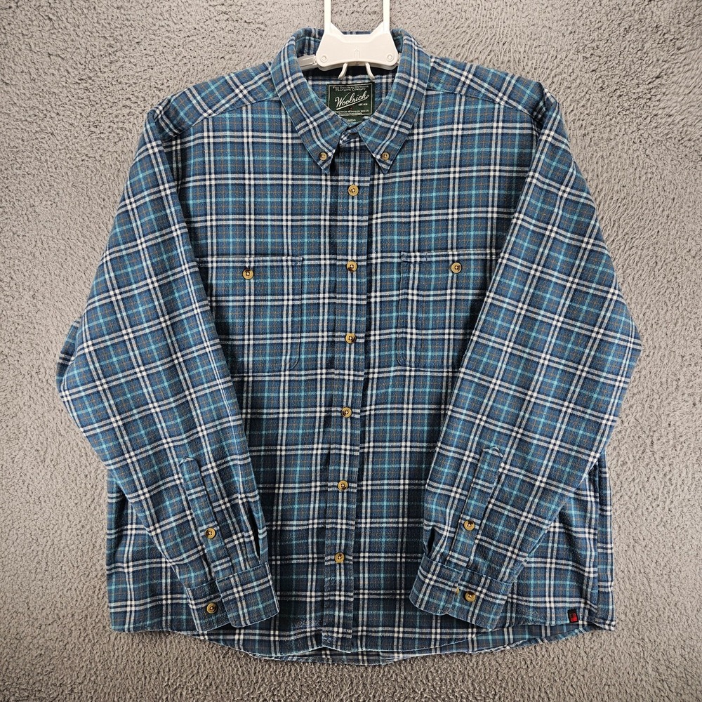 Woolrich Flannel Shirt Men XL Blue Green Plaid Button Up Long Sleeve Outdoors XL